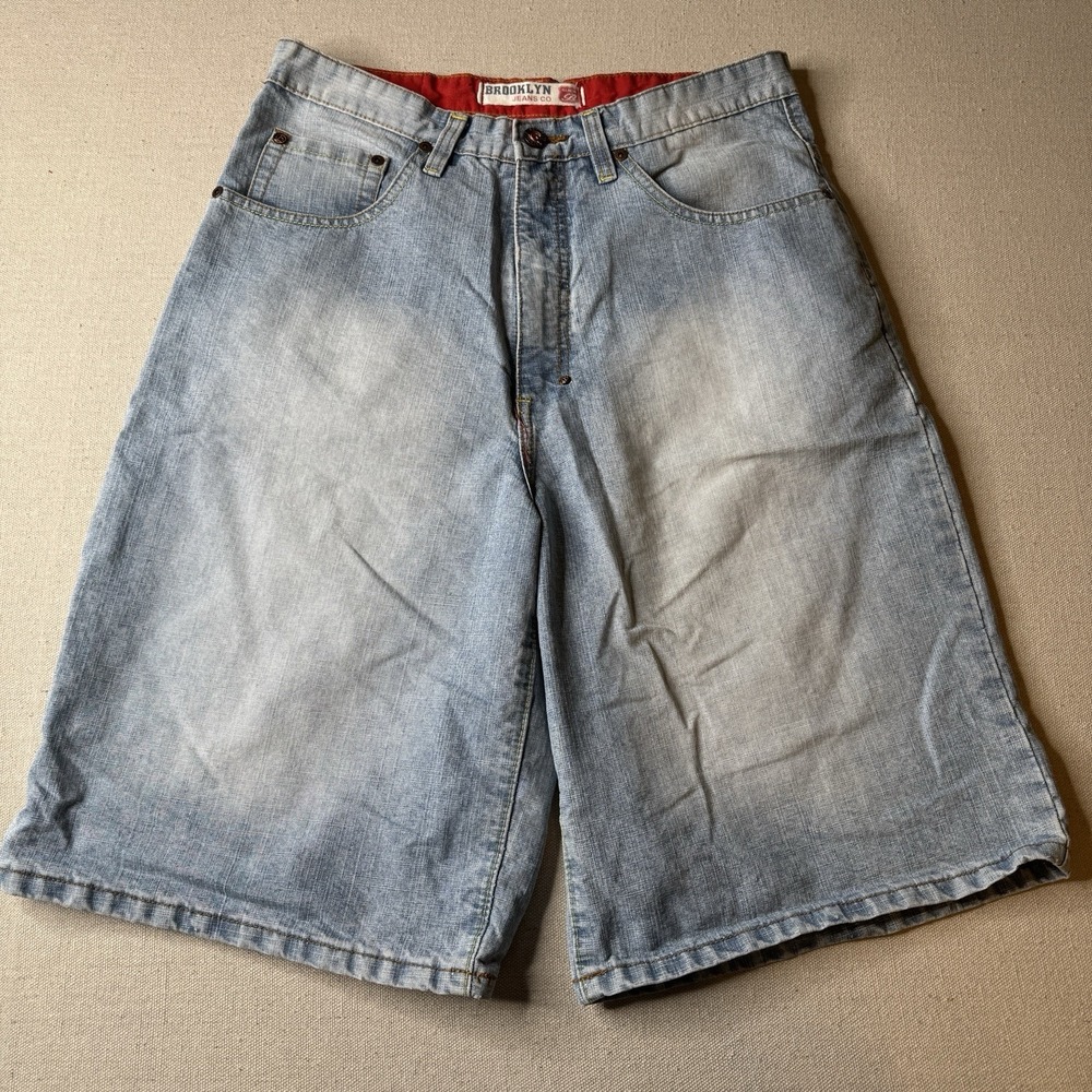 VTG Brooklyn Express Jean Shorts Men 32 Long Baggy Denim Washed Out Fade Y2K - Picture 2 of 7